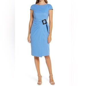 Eliza J Women’s 12 Blue Linen Wrap Back Knee Length Summer Short Sleeve sheath